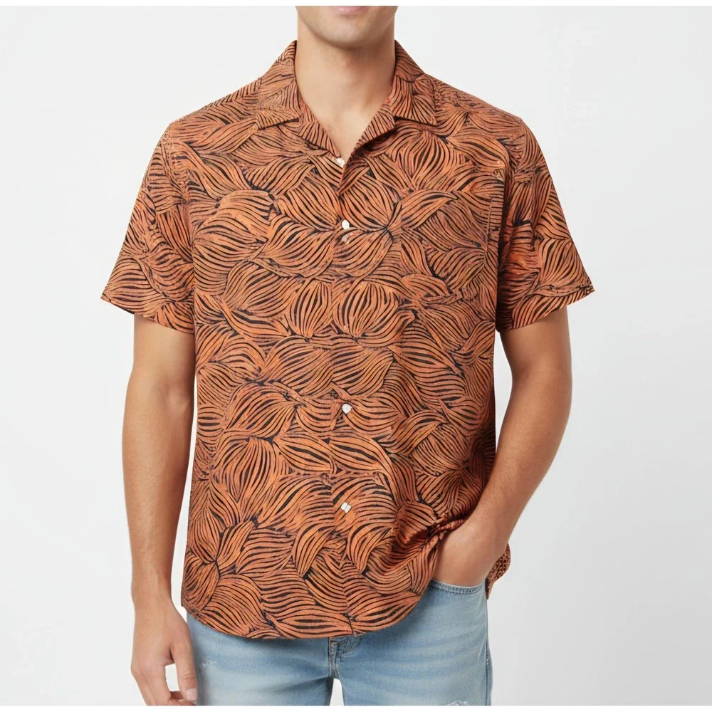 J. Crew Mens Large Short Sleeve Button Up Shirt Orange‎ Black Leaf Print Cotton